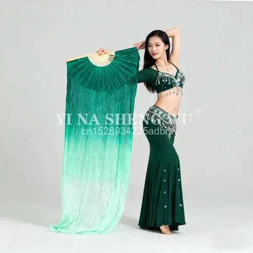 Imagen 2 del producto 1 par de abanicos de seda de alta calidad abanico para danza del vientre 100% accesorio de danza del vientre de seda Real velos de danza de seda teñida hechos a mano abanicos verdes