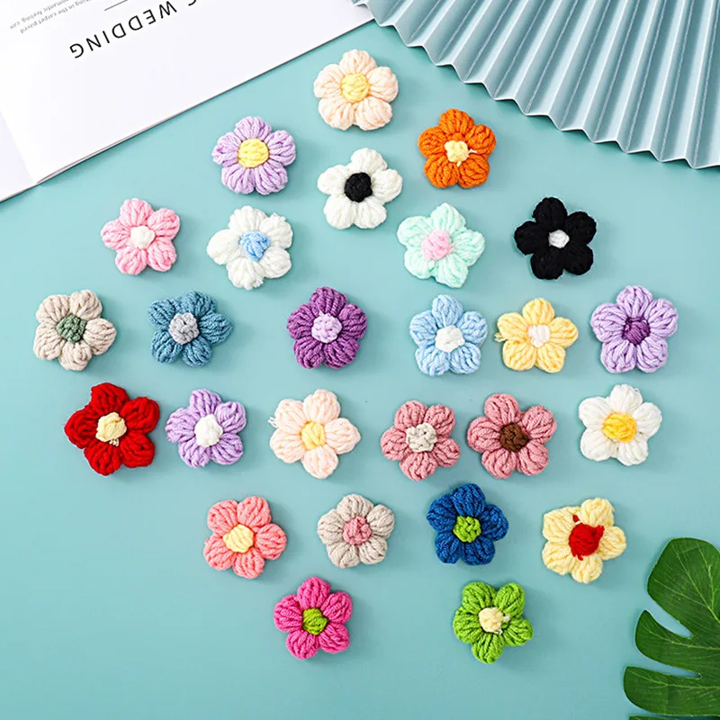 Parche de flores de cinco pétalos de lana tejida a mano, accesorios de bricolaje para sombreros, sombreros, pegatinas de flores 3D, 15 piezas, nuevo