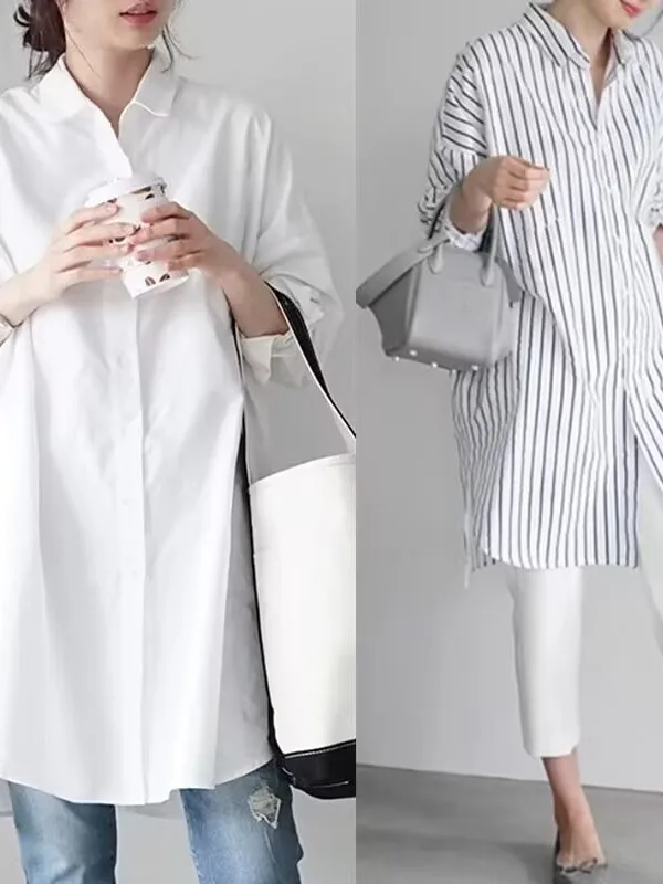 

Loose Long Sve Lapel Midlength irt Women Casual Sle Polyester Fabric Breathable Sweat Absorbent Pure Color Busin irt