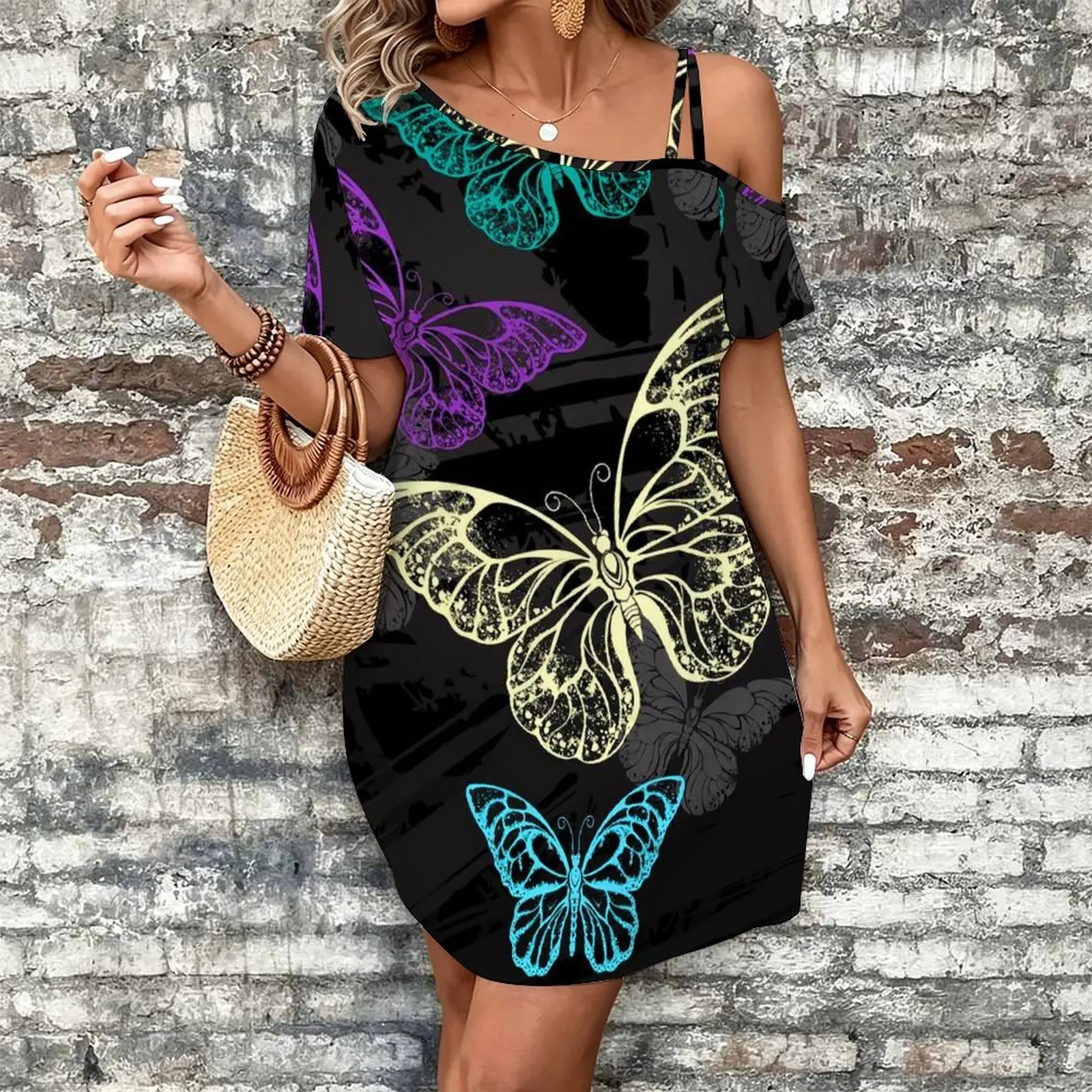 Women Print Cold Shoulder Short Sleeve Mini Dress Irregular Off Shoulder Casual Loose Tunic Dress