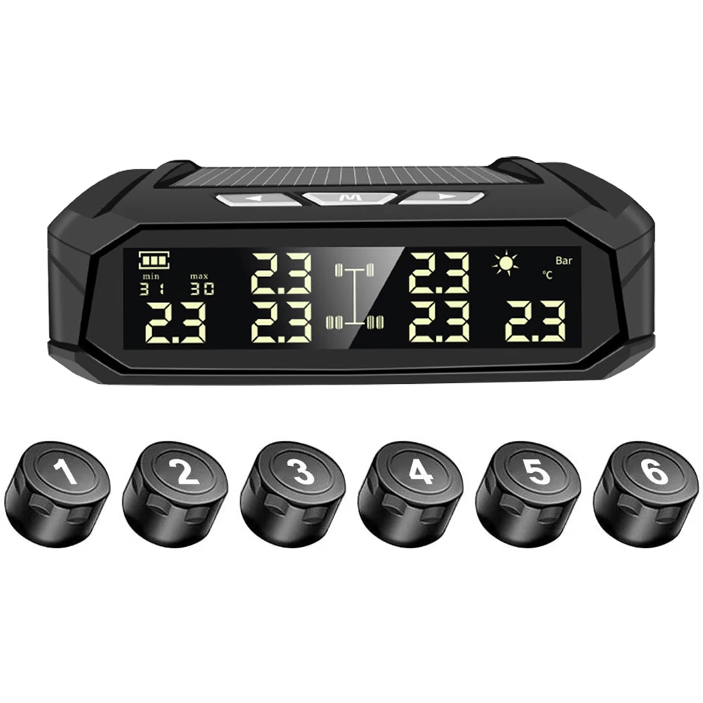 

6 Sensors Tire Pressure Monitoring System Solar and Usb Powered TPMS with Digital Display Smart Tire Pressure Safety Driving