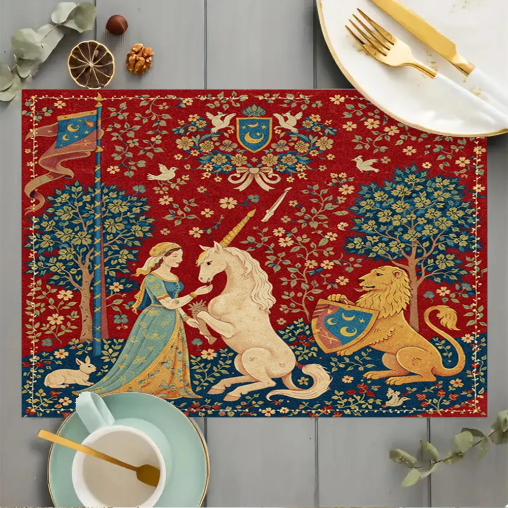 Elegant Placemat Unicorn Lion Tapestry Table Pad, Washable Placemat for Tea, Dining Table, Home Decoration & Party Gift