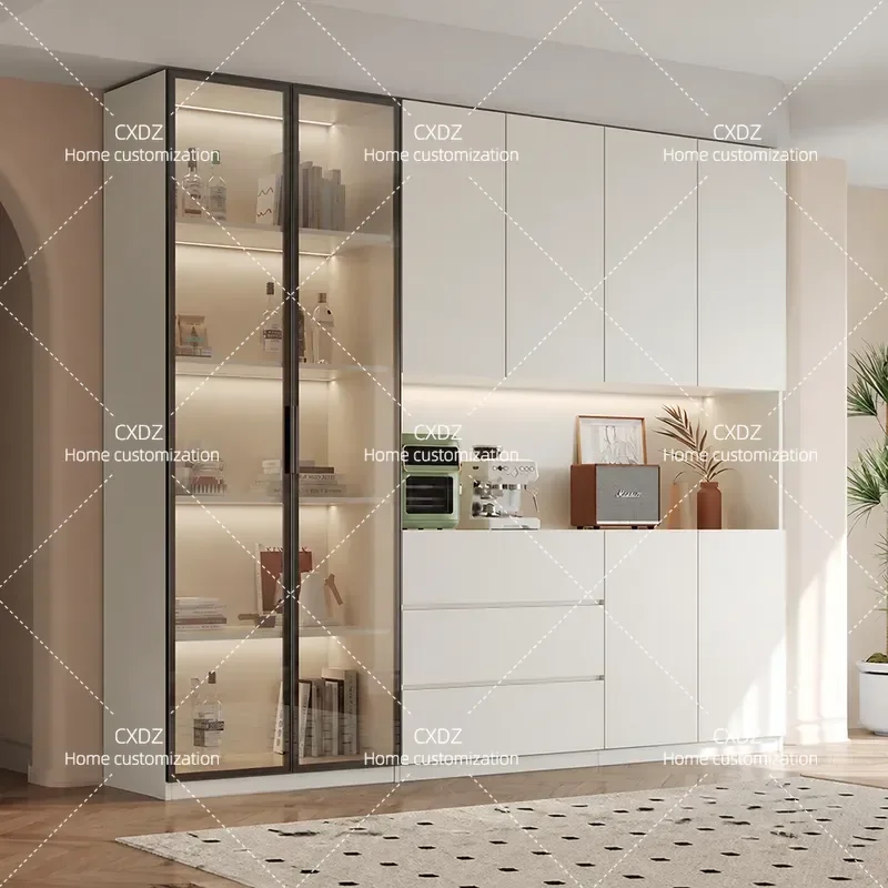 FAS Grade Oak Solid Wood Dining Side Cabinet Cream Glass Door Wine Storage Cabinet Living Room Wall Integrated Locker