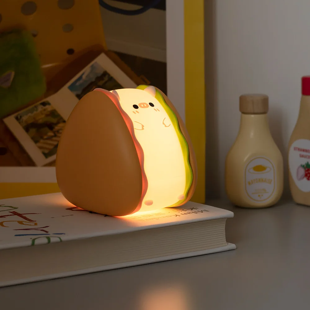 LED Desk Lamp com Burger Pig, Design personalizado, Criativo e divertido, Night Light, Temporizado, Desligar, presente de aniversário, Desktop Ornamento