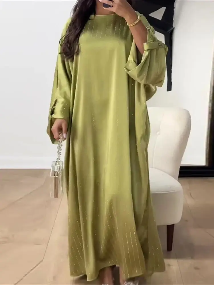 Eid Satin Shiny Batwing Abaya Damen Dubai Luxury Muslim Kaftan African Dresses For Women Caftan Marocain Robe Femme Musulmane