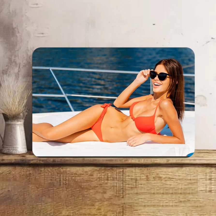 2D Metal Tin Sign, Woman In Orange Bikini On Yacht Print, Summer Beach Wall Decor for Home, Bedroom, Bar, Beach House &Gift