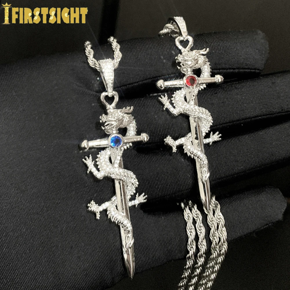 Yeni buzlu Out Bling Hip Hop ejderha kılıç kolye kolye gümüş renk mavi CZ kübik zirkon Charm kolye erkekler takı