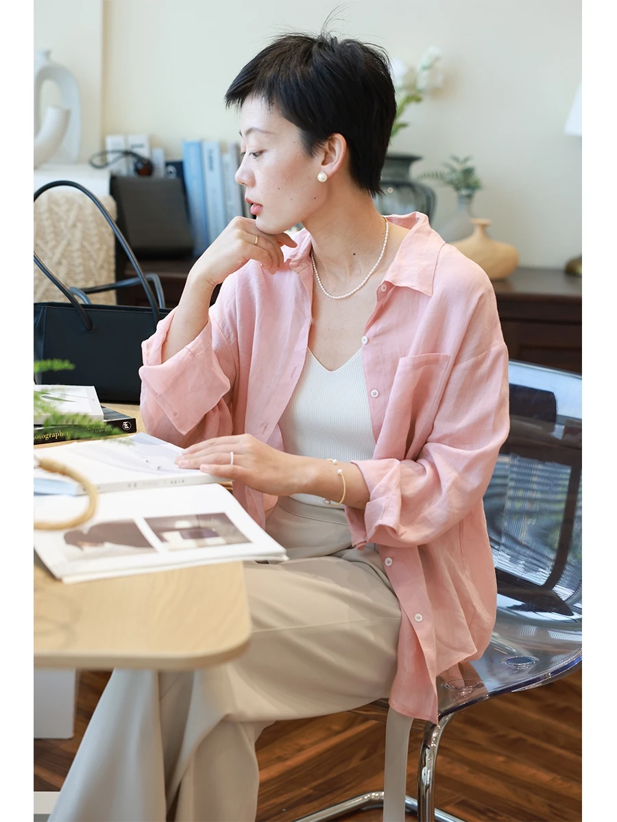 

Лето 2025: Женская свободная льняная рубашка однотонного цвета с длинным рукавом, легкая, дышащая, с защитой от солнца, для повседневной носки и офиса