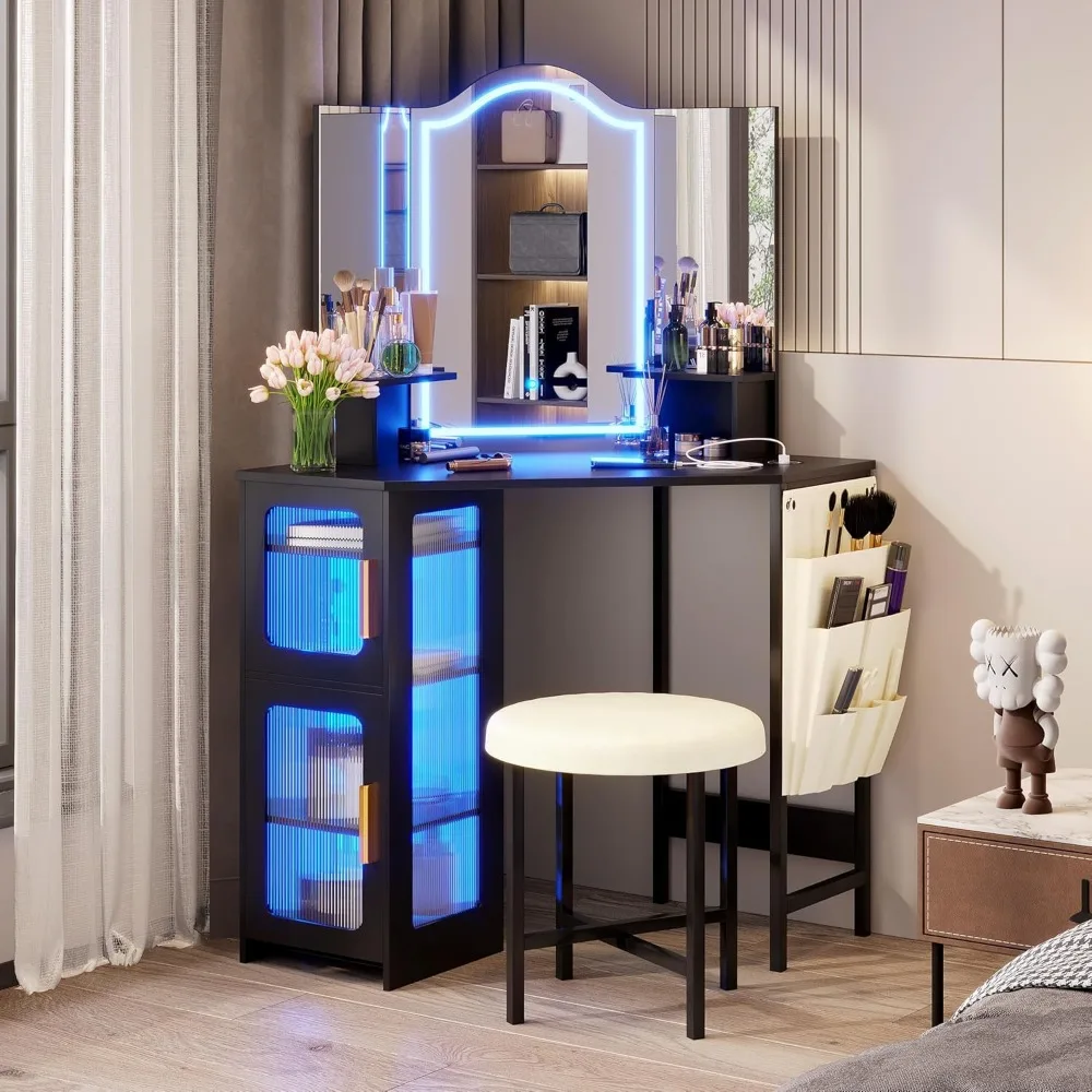 Illuminated Makeup Vanity Desk with Mirror and Charging Station, 3-Way Lighting Dressing Table