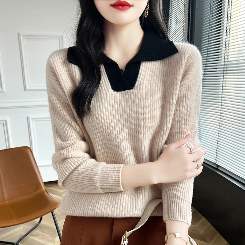 Autumn and Winter New Women's Sweater Collar Women's Knitted Hoodie 100% Wool Hot Selling Women's Top