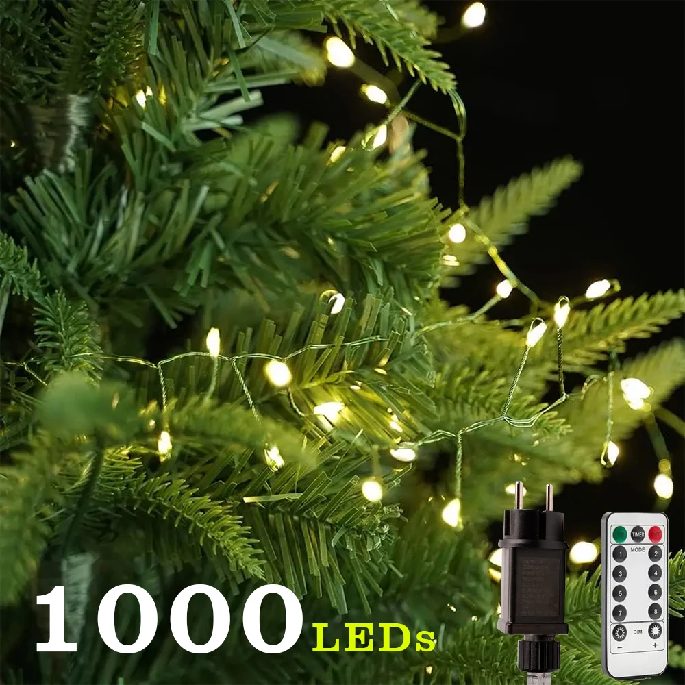 1000 المصابيح الأخضر سلك العنقودية عيد الميلاد الجنية ضوء الديكور في الهواء الطلق جارلاند سلسلة أضواء عطلة الإضاءة حفلة السنة الجديدة