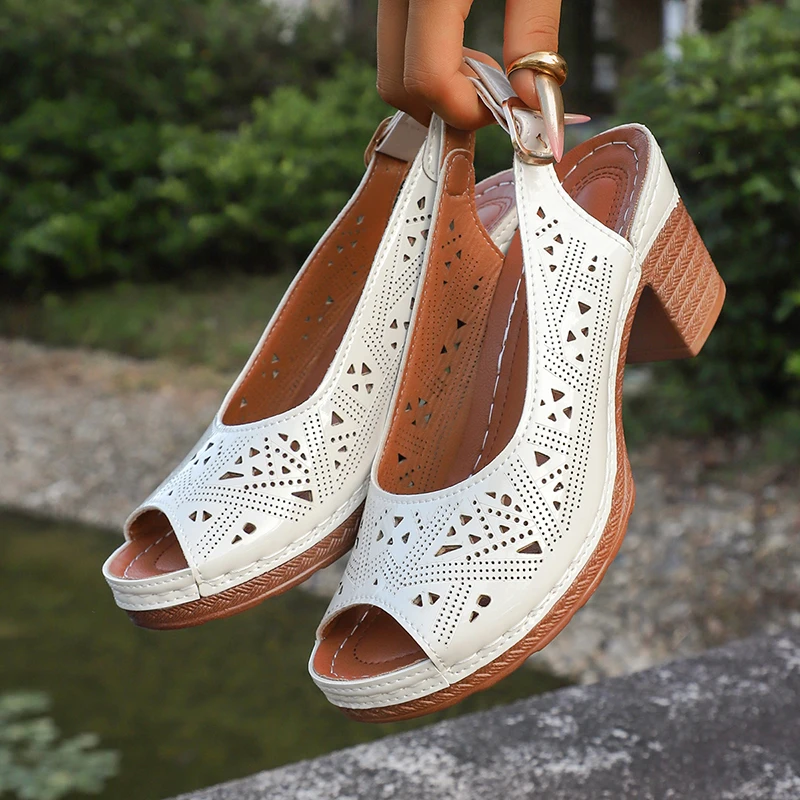 Винтажные сандалии-гладиаторы на высоком каблуке с открытым носком, женские пляжные сандалии на толстом каблуке с открытым носком, большие размеры 43, пляжные сандалии с ремешком сзади