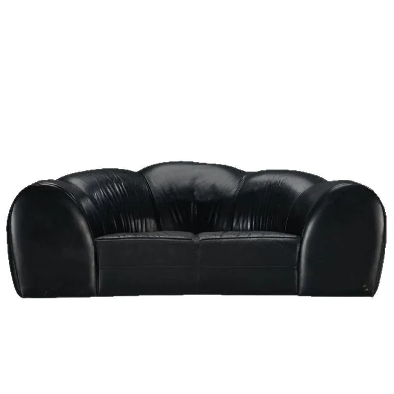Minimalist design old black butter wax leather muscular double small apartment living room sofa