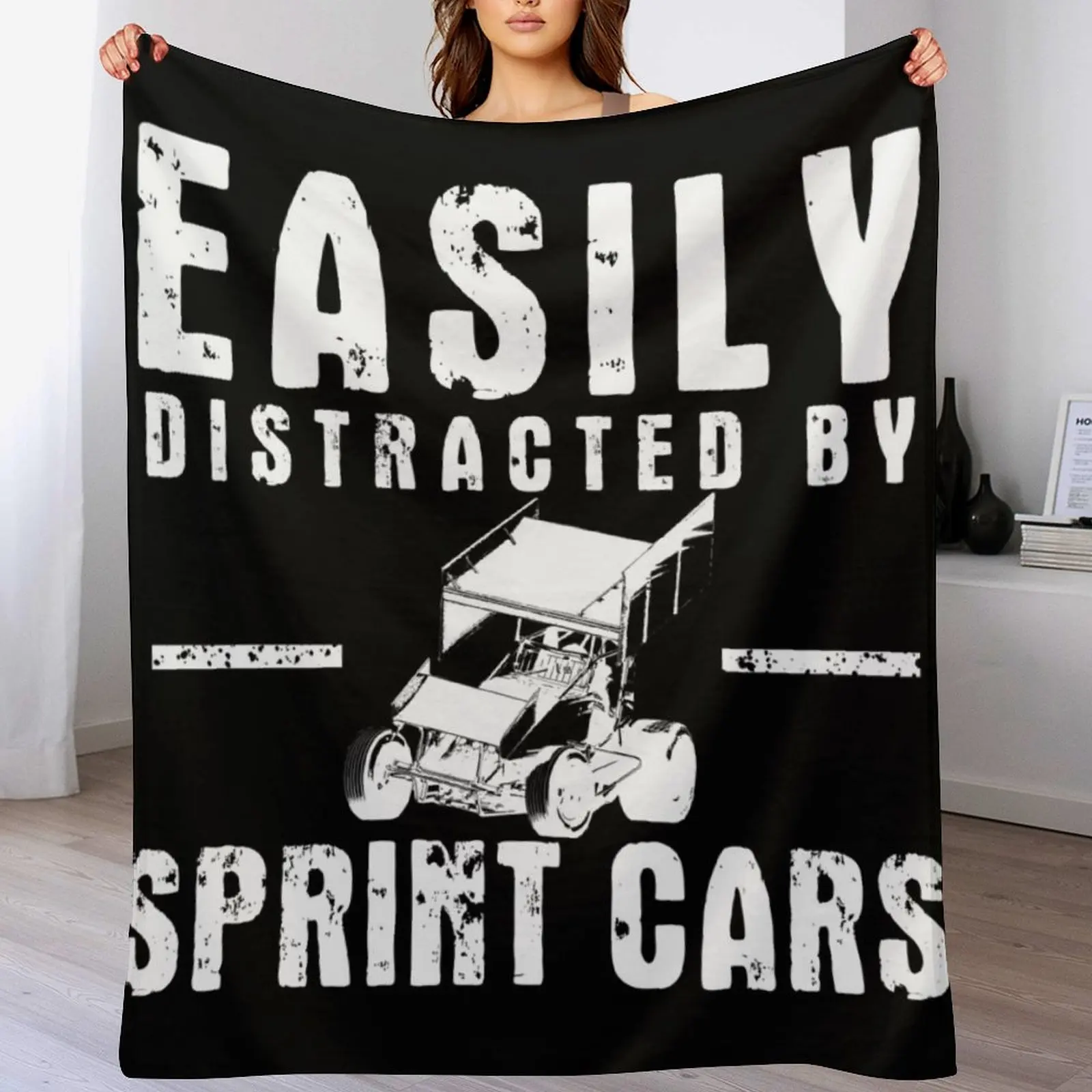 

Easily Distracted By Sprint Cars v2 (White) Throw Blanket Loose blankets and throws blankets ands Blankets