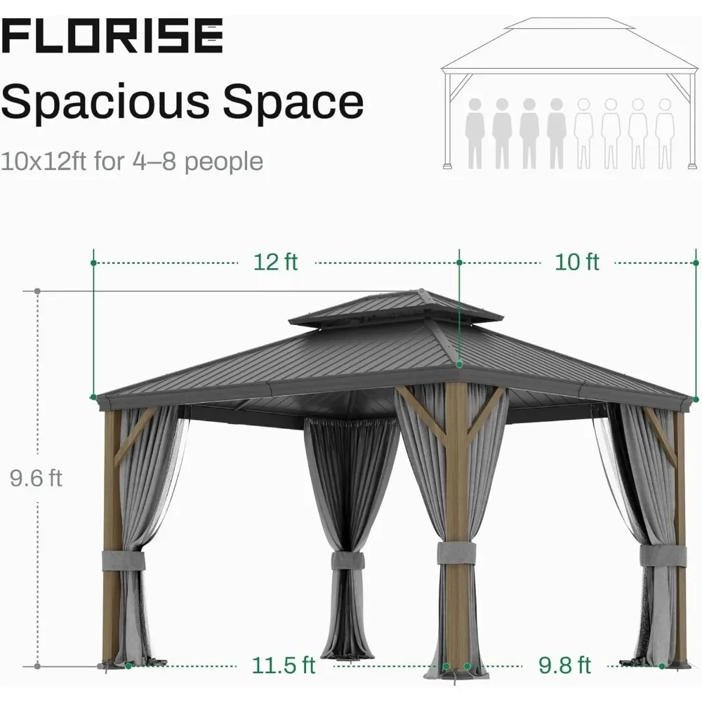 10x12 Ft Hardtop Gazebo,Curtain and Netting Included, Pergola for Patio, Garden, Backyard, Outdoor Double Roof Canopy