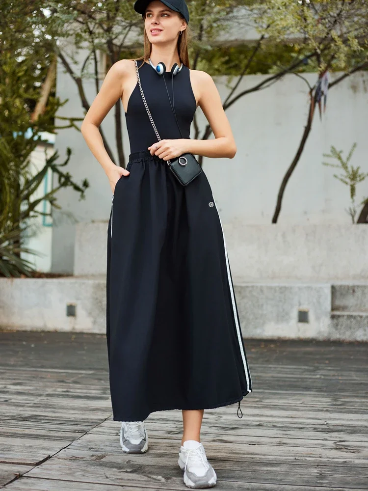 Y2K Designer Skirts Women Korean Vintage Side Striped Black Parachute Cargo Skirts Casual Loose Drawstring Aesthetics Skirt 2024