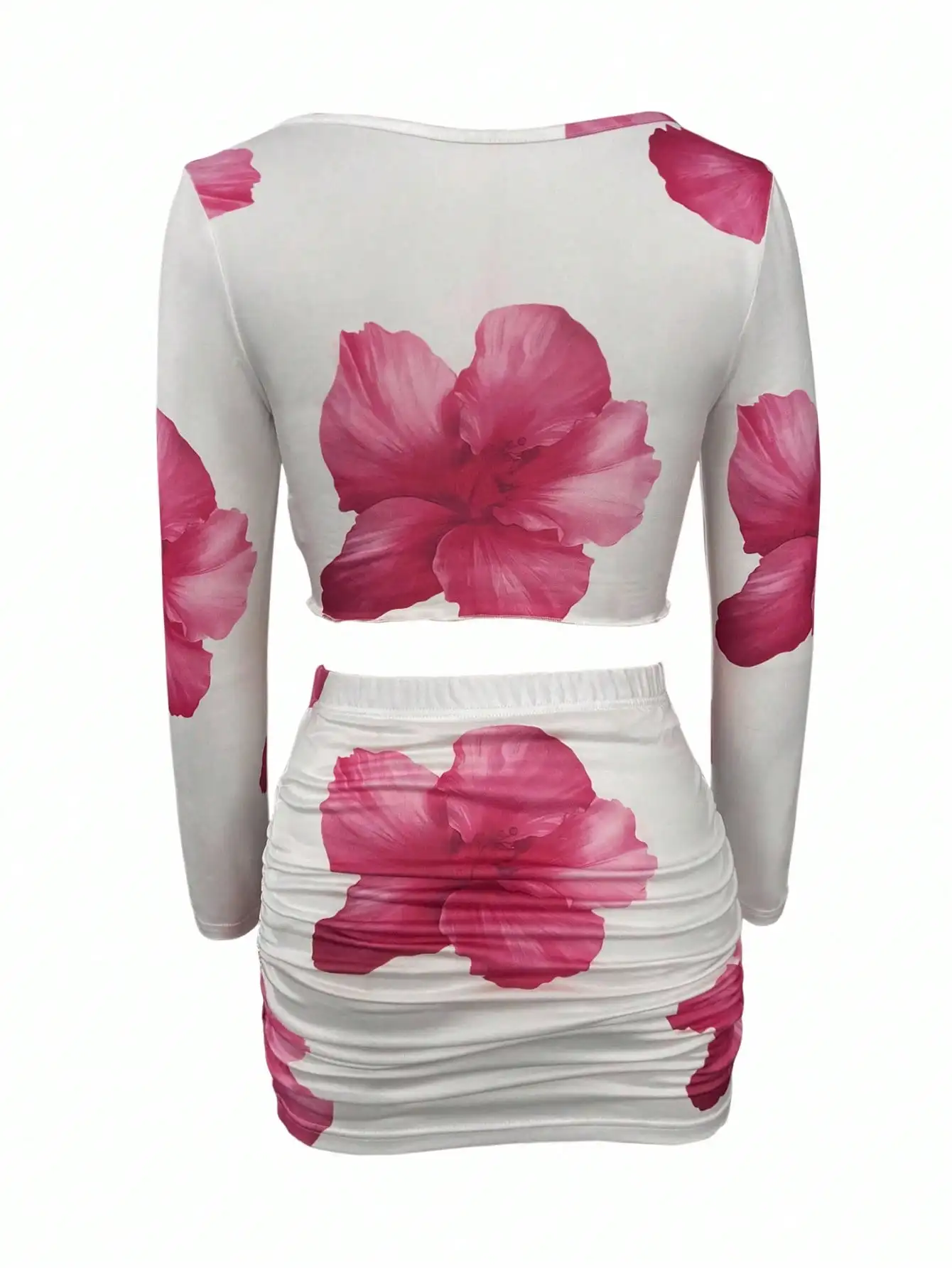 ชุดเดรสเข้ารูปแขนยาวพิมพ์ลายดอกไม้ของผู้หญิงพร้อมปมด้านหน้าและช่องเว้า ชุดมินิเดรสฤดูร้อนสุดเซ็กซี่