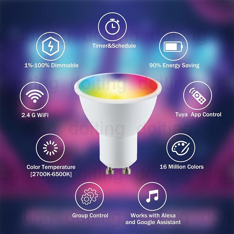 WiFi GU10 LED Light Bulb Dimmable 5W RGB Smart LIfe APP Work With Alexa Google Home Lamps Spotlights Dimmable Colour 110V 220V