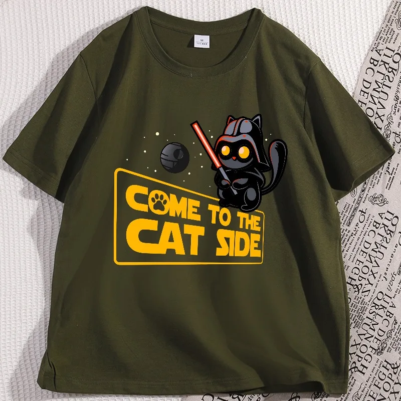 Come To The Cat Side T Shirt Cotton Short Sleeve Retro Crewneck T-Shirt Funny Cute Cat Graphic Tee Streetwear Men's Clothing