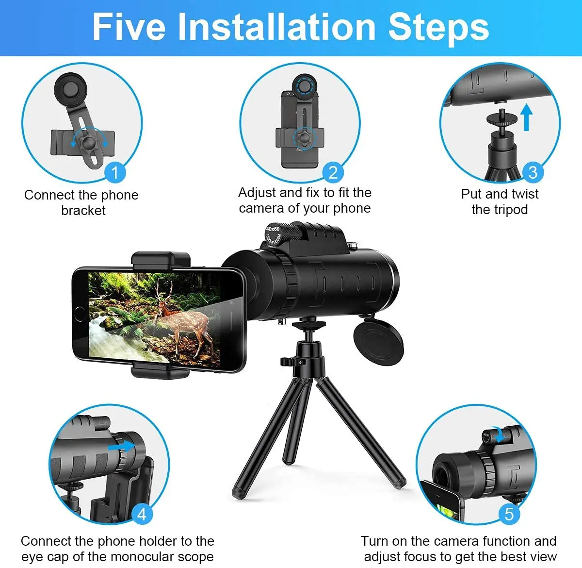 40X60 Powerful Monocular High Definition Zoom Night Vision Telescope Binoculars with SmartPhone Holder For Hunting Camping Tool