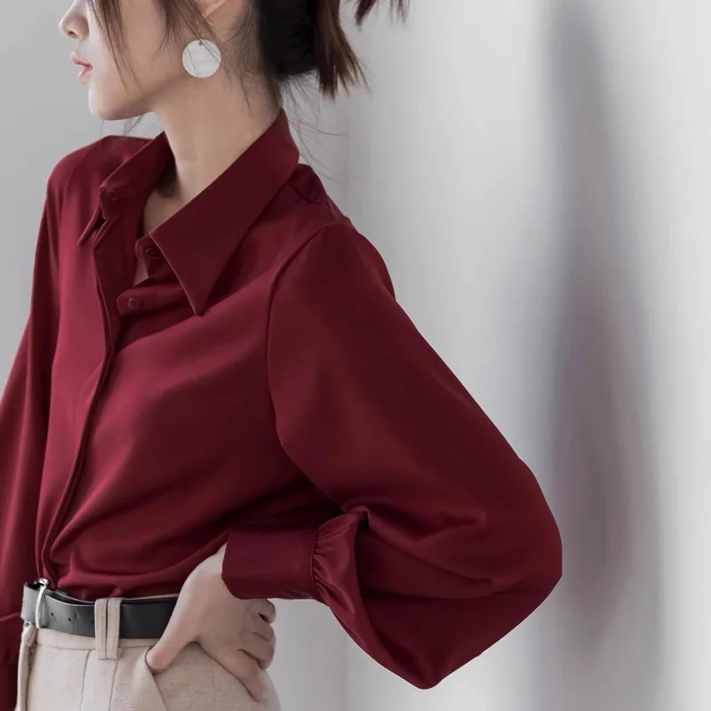 

Women's button up shirt, lapel shirt, office women's long sleeved solid color casual shirt, loose OL shirt, loose top