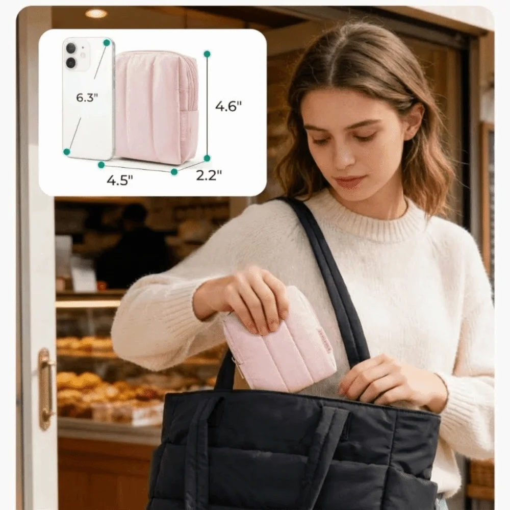 Waterproof Cosmetic Organizer Large Capacity Zipper Closure Makeup Bag Side Pocket Portable Quilted Makeup Bag Women
