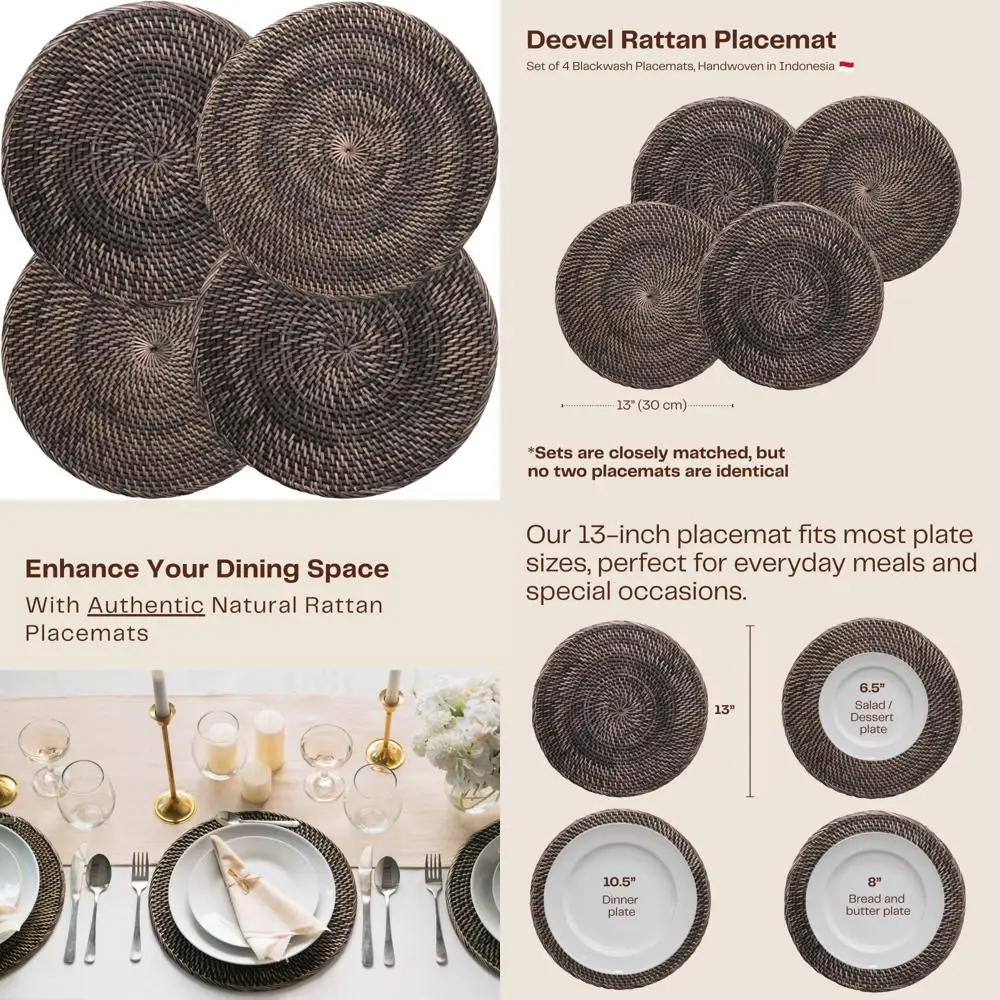 

4-Pack Rattan Placemats - 13-inch Round Placemats (Blackwash) - Woven Place Mats, Round Table Mats - Wicker Chargers for Dinner