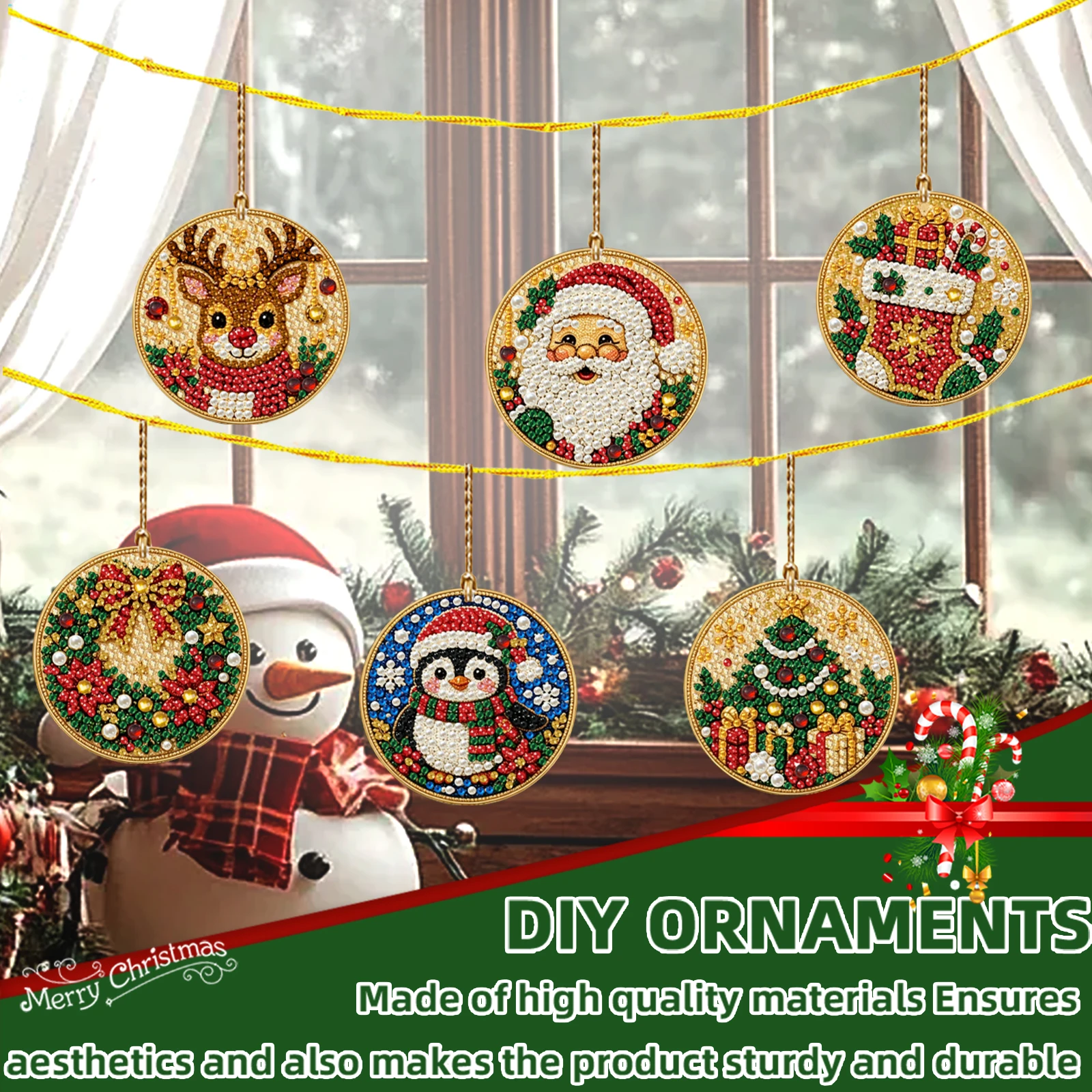 6pcs Round Wooden DIY Diamond Painting Christmas Ornaments Holiday Hanging Decor Craft Kit with Tools