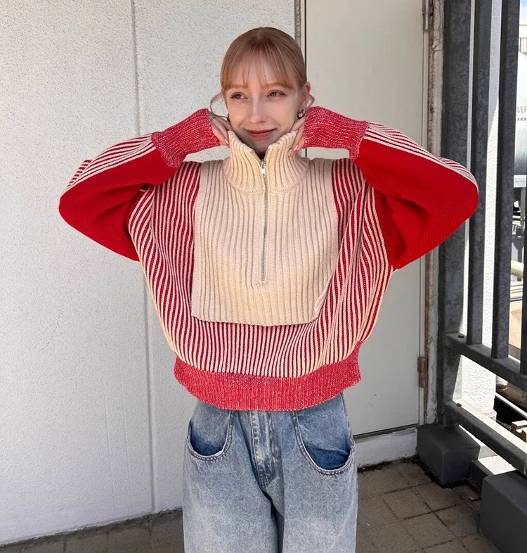 Japanese Style Short Sweater Women's Spring and Autumn New High-necked Half-zipper Knitwear Pullovers Women's Sweet Knitwear Top