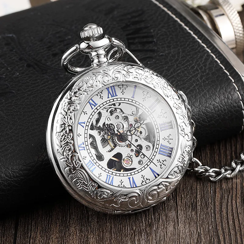 Mechanical Hand Winding Pocket Watch Blue Roman Numerals Display Transparent Cover Antique Silver Fob Pendant Pocket Clock