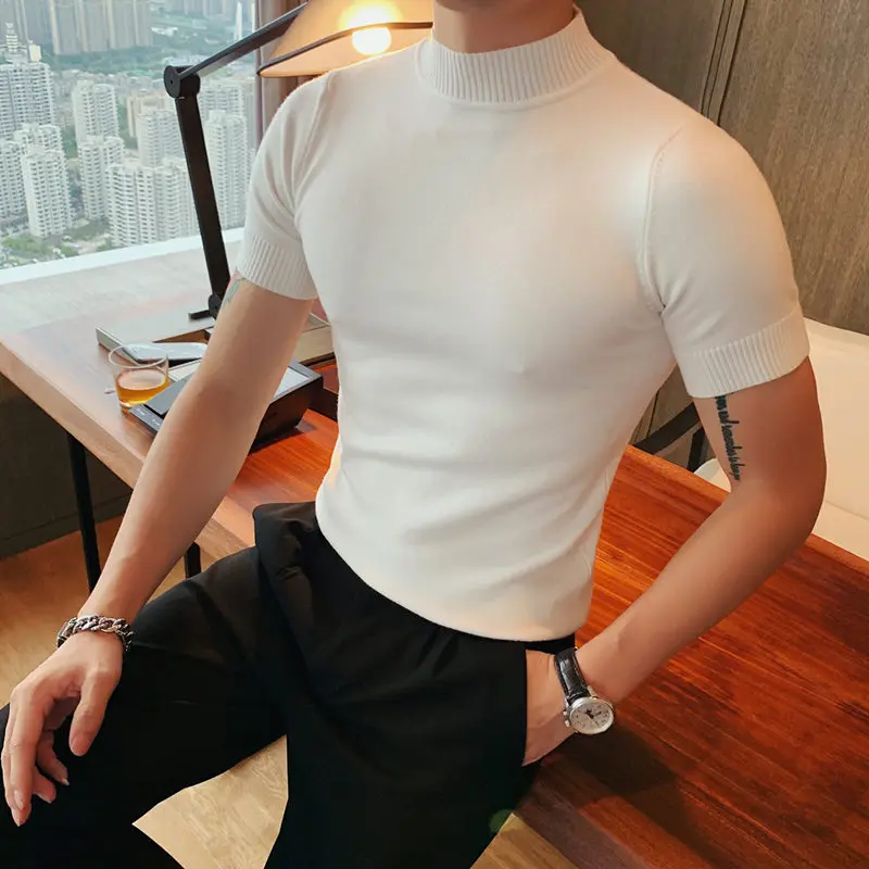 High Quality Men Half Turtleneck Knitted T Shirts Mens Autumn Short Sleeve Slim Fit Solid Pullovers Casual Stretched Sweater Tee