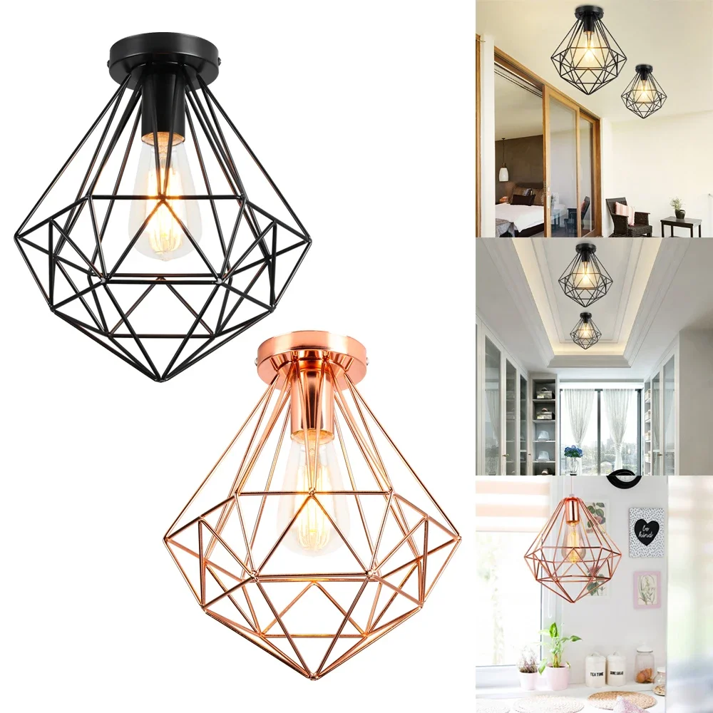 

Vintage Ceiling Light Retro E27 Lamp Holder Bulb Metal Lampshade Cage Ceiling Lighting Mount Pendant Light Home Decor Plafonnier