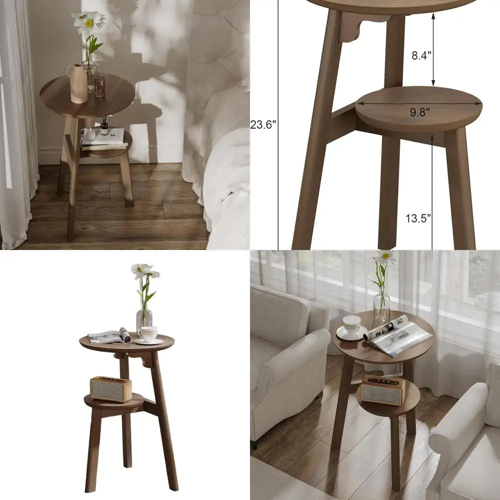 

Compact Walnut End Table with 2-Tier Shelf for Bedroom, Living Room, and Small Spaces