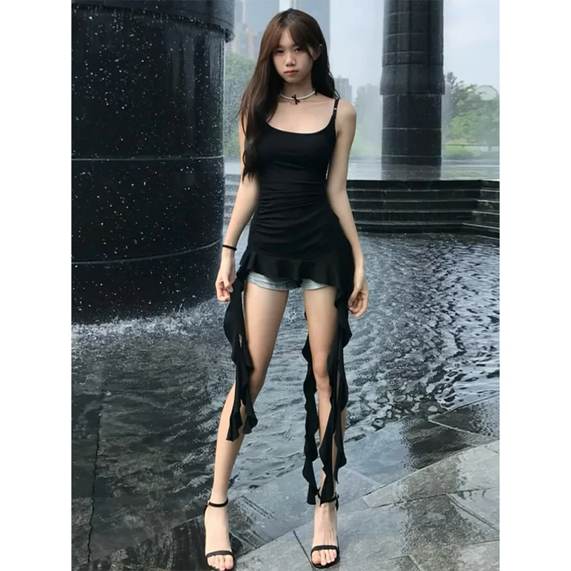 

Trend Black Asymmetrical Ruffles Patchwork Tops Summer New Sleeveless Solid Slim Sexy T Shirts Y2K Street Casual Women Clothing