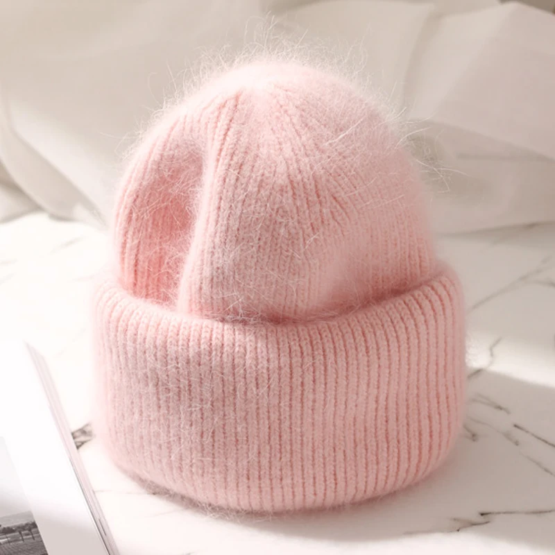 New Fashion White Rabbit Fur Beanies Hat Women\'s Winter Soft Warm Knitted Hat Lady Korean High Quality Thicked Skullies Caps