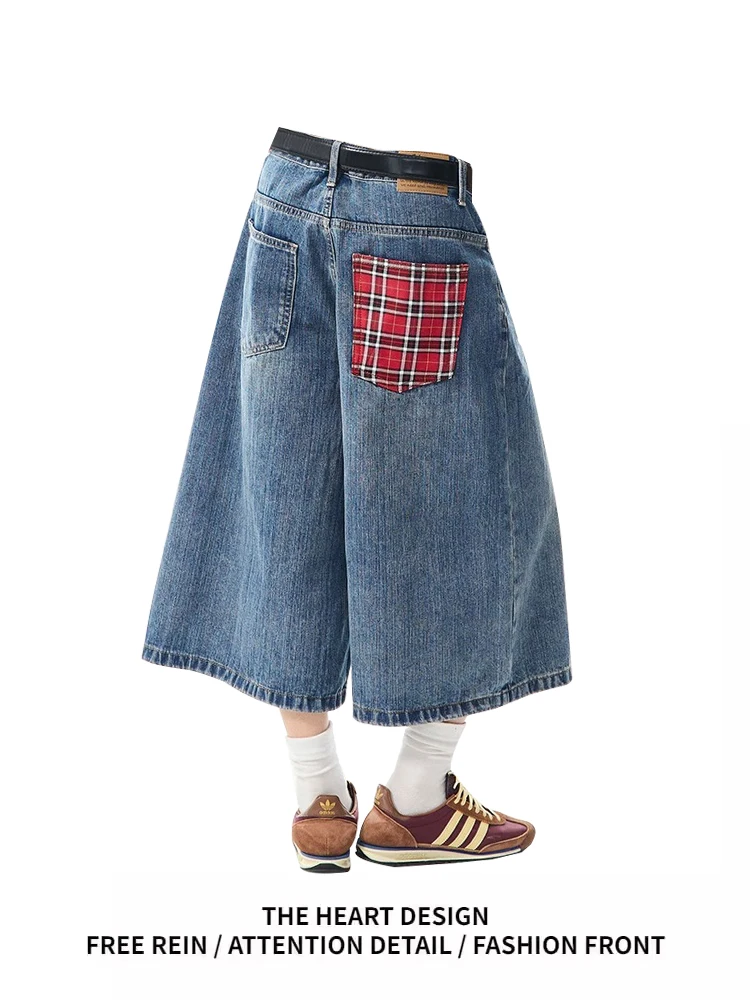 

Retro American Plaid Splicing Jeans Women's Loose Wide Leg orts High Waist Seven-Foot Pants Casual Wear Spring Summer