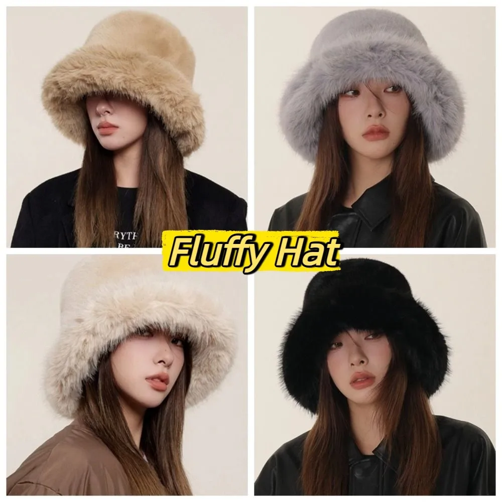 

Elegant Fluffy Hat Artificial Fur Hat Imitation Fur Warm Plush Bucket Hat Ear Protection Hat All-match Winter Cap Female/Girls
