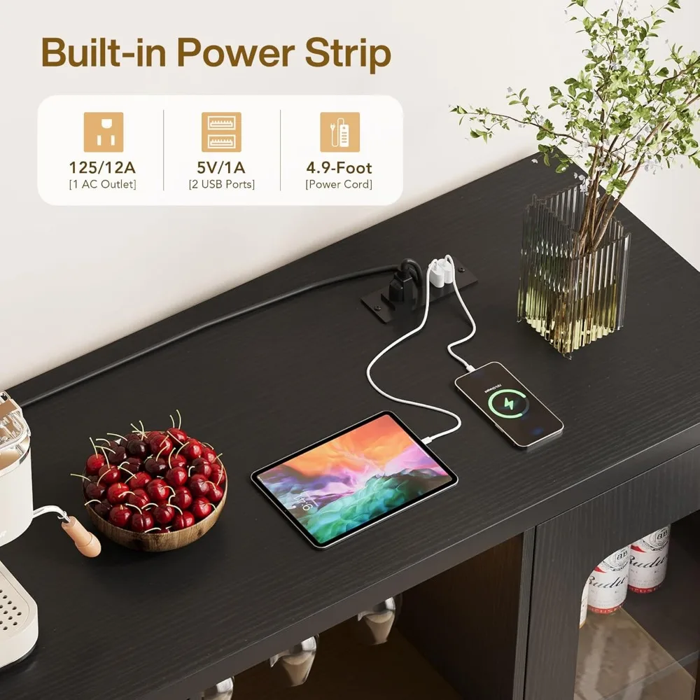 ตู้บาร์ไวน์ LED ทันสมัยพร้อมปลั๊กไฟ ที่วางแก้ว และช่องเก็บของด้านข้าง