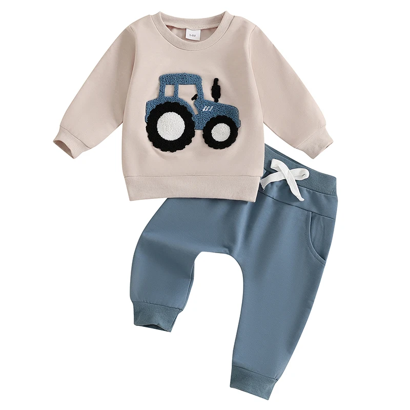 Toddler Baby Boy Fall Outfits Tractor Embroidery Long Sleeve Sweatshirt and Pants Set Farm Winter Clothes