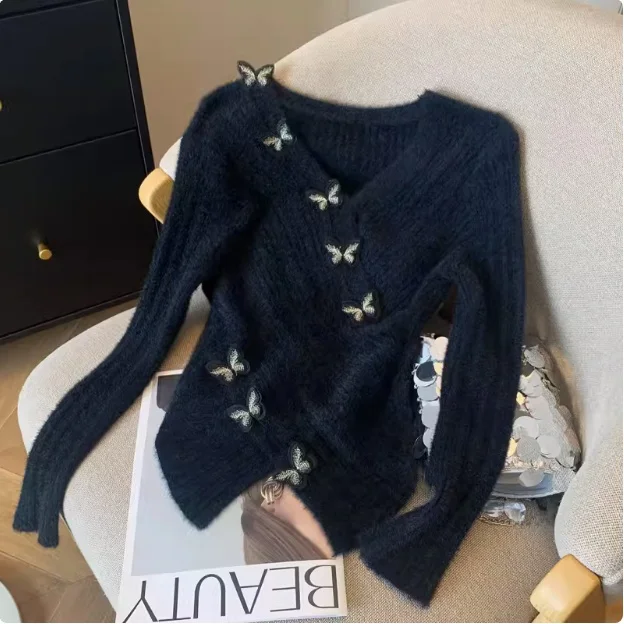 

Вязаный свитер Bla, женский весенне-осенний бархатный топ из норки с v-образным вырезом, облегающий длинный свек, теплая теплая мода