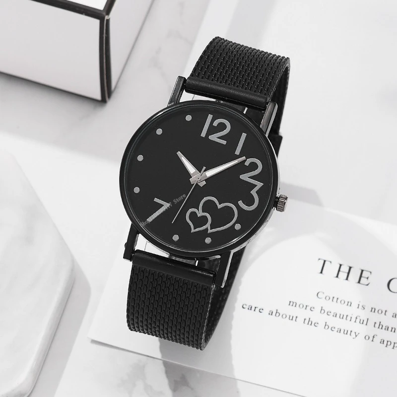 Женские часы Reloj Mujer с двойным сердцем, сетчатый ремень, деловые круглые часы, простые повседневные кварцевые наручные часы, наручные часы для женщин