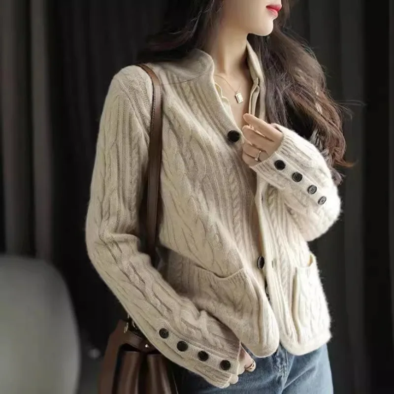 

Korejpaa Fried Dough Twists Stand Collar Knitted Cardigan Autumn Winter Clothes Korean Style Gentle Sweater Coat Women Tops