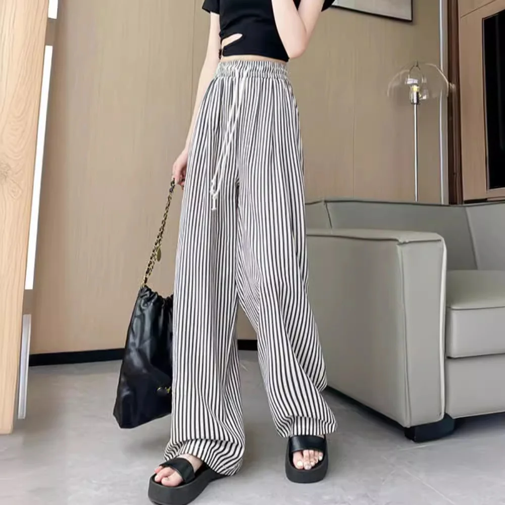 Comfortable Drawstring Ice Silk Wide Leg Pants High Waist Straight Striped Yamamoto Pants Large Size Dropping Feeling Lady