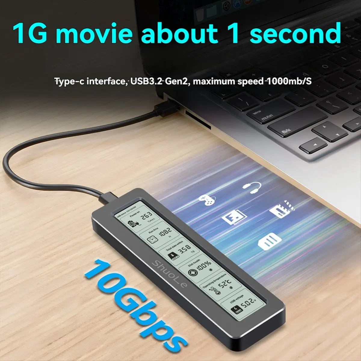 Jan. M. 2 NVME/NGFF Dual Protocol SSD Enclosure with Display Screen Intelligent Digital Health Detection Type-C 3.2 10Gbps