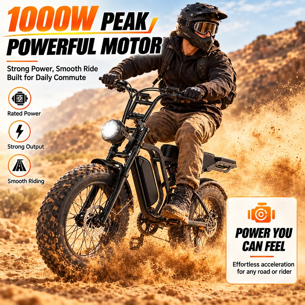 Powerful 1000W Electric Fat Tire Bike 20x4.0 Inch Wide Tires 48V 15Ah Battery Dual Disc Brakes Off-Road Electric Mountain Bike for Adults