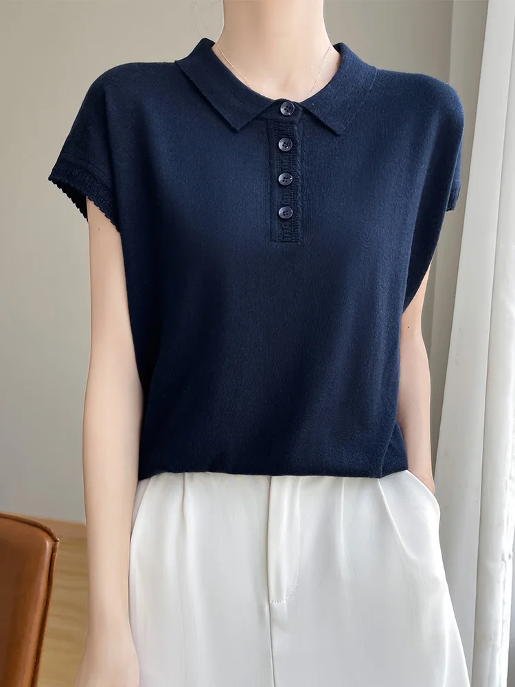 Letnia damska koszulka z dzianiny z jedwabiu lodowego, luźna, modna, w stylu koreańskim, codzienna, wygodna w noszeniu.