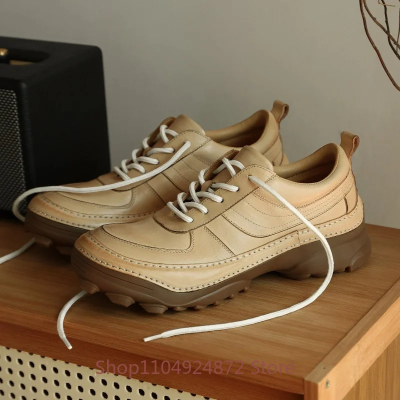 British Style Horsehide Thick Soled Sewn Work Casual Shoes Men's Outdoor Walking Round Toe Sport Genuine Leather Shoes Male