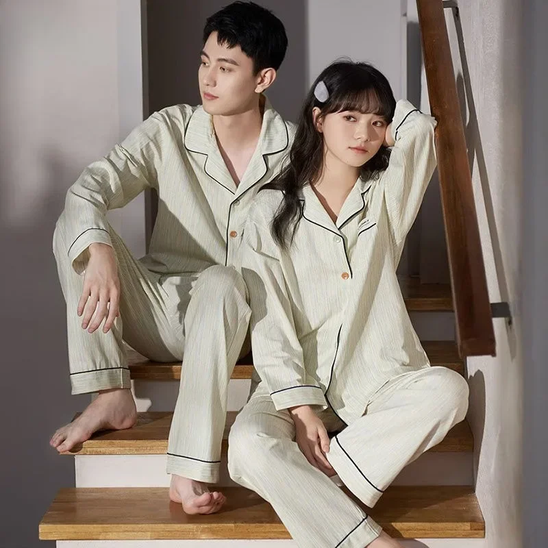 Spring Couple Pajamas Women Pure Cotton Long Sleeve Trousers Sweet Leisure Sleepwear Set Men Simplicity Loose Homewear Suit 2024