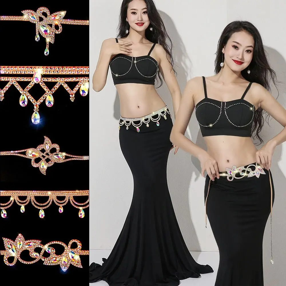 輝くベリーダンスベルト　華やかで上品なラインストーンベリーチェーンベルト　豪華なパフォーマンス用ウエストベルト