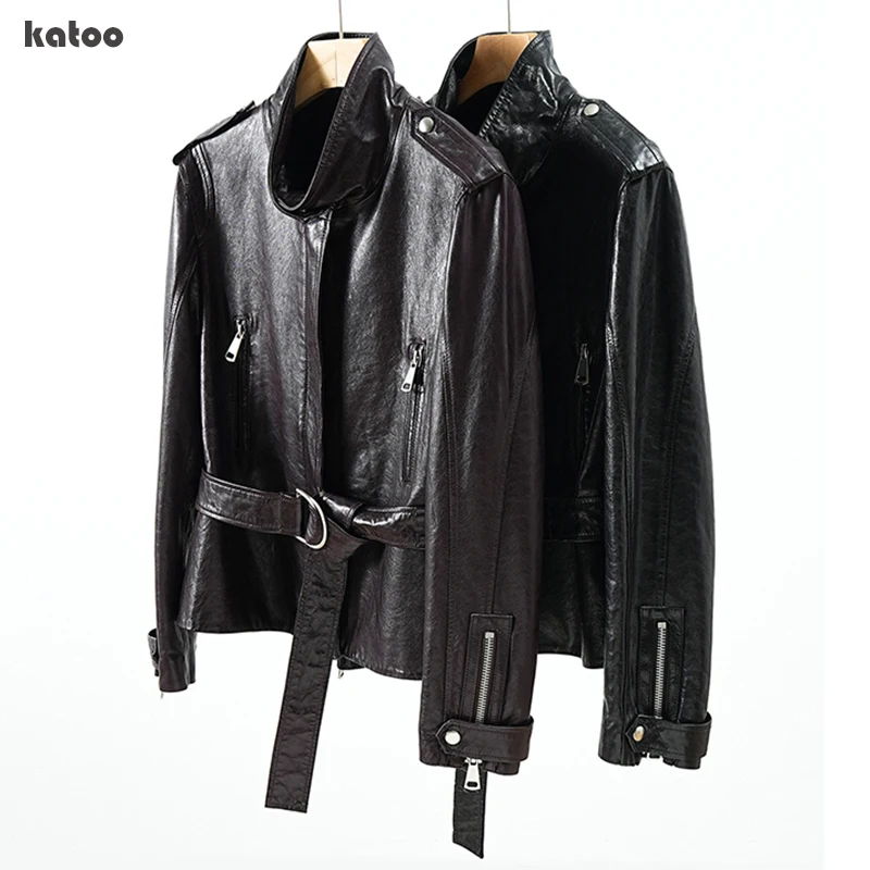 ​ Chaqueta de cuero auténtico para mujer, estilo motociclista, con cremallera, cuello alto, cinturón, de piel de oveja encerada, a la moda, estilo urbano, Chamarra Piel Mujer